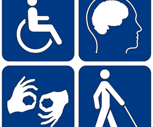Four disability symbols - wheelchair, brain, sign language, and white cane user