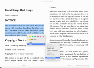 Screenshot of how to get iBooks to read book aloud.