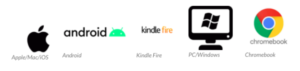 iOS, Android, Kindle Fire, PC, and Chromebook logos