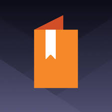 Bookshelf logo. Orange folder open with white bookmark on gray background.