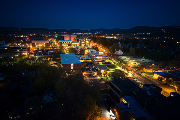 aerial view of campus at night