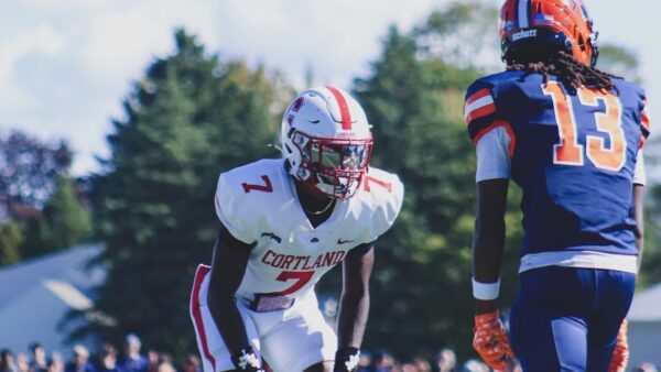 Jean-Lubin, Cortland football player #7 positioned to the left of Utica football player #13