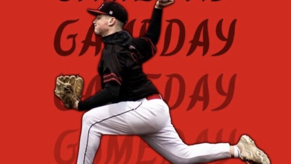 Liam Martin pitching on the GAMEDAY graphic for SUNY Cortland