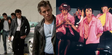 A split image of the Thunderbirds and the Pink Ladies. Four Thunderbirds are on the left side of the image, all wearing leather jackets and standing in front of a white car. One of the boys in the background is smoking a cigarette, Danny is in the middle of the group leaning against the car, and Kenickie is standing in the front of the group; they are all looking off to the right side. On the opposite side of the image are four Pink Ladies, each sporting their pink jackets that are embroidered with their respective names over their left breasts. Rizzo is leaning on a black car, while the other three girls sit on top of the hood. Frenchie is looking at her nails, while another one of the girls in the back is holding a compact mirror to fix her makeup.