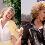 A split image of Sandy; the left side shows Sandy at the beginning of the movie with a pastel yellow cardigan over top of a white button-down. Her hair is pulled back into a half-up look, and she has a bright smile on her face. The right side of the image shows Sandy in a scene towards the end of the movie, wearing a leather jacket and a tight black shirt underneath. Her hair is big, curled, and bouncy, and she is wearing gold hoop earrings and bright red lipstick; her face displays a sultry look rather than the happy look of the other side.