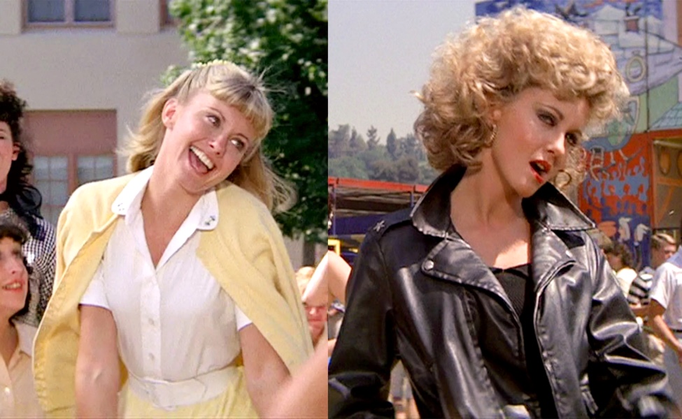 A split image of Sandy; the left side shows Sandy at the beginning of the movie with a pastel yellow cardigan over top of a white button-down. Her hair is pulled back into a half-up look, and she has a bright smile on her face. The right side of the image shows Sandy in a scene towards the end of the movie, wearing a leather jacket and a tight black shirt underneath. Her hair is big, curled, and bouncy, and she is wearing gold hoop earrings and bright red lipstick; her face displays a sultry look rather than the happy look of the other side.
