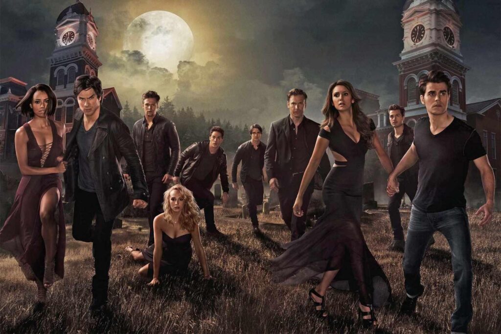 A graveyard with an overcast, eerie sky and a full moon, twin clock towers stand ominously on both sides, adding to the gothic mood, main series cast members in dramatic posing and serious expressions 