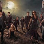 A graveyard with an overcast, eerie sky and a full moon, twin clock towers stand ominously on both sides, adding to the gothic mood, main series cast members in dramatic posing and serious expressions 