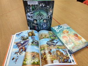 Sample graphic novels from the TMC collection: “Estranged” by Ethan M Aldridge, “Five Worlds” by Mark Siegel and “Rickety Stitch and the Gelatinous Goo” by Ben Costa and James Parks