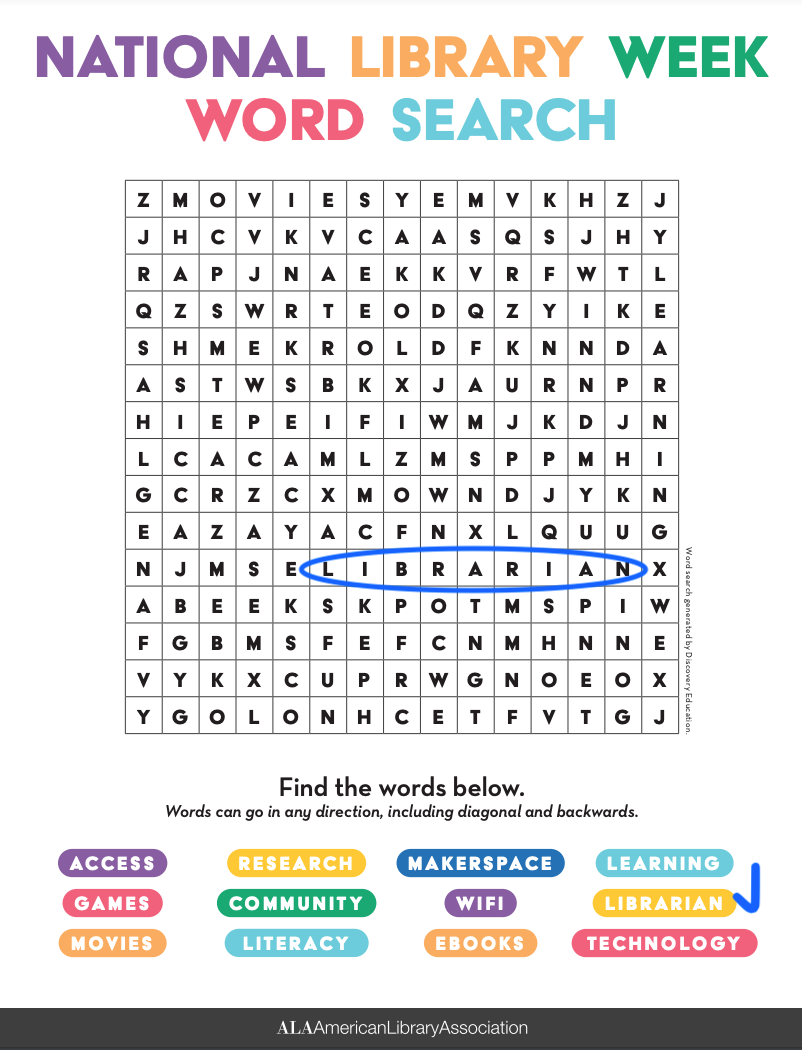 Word Search puzzle for National Library Week