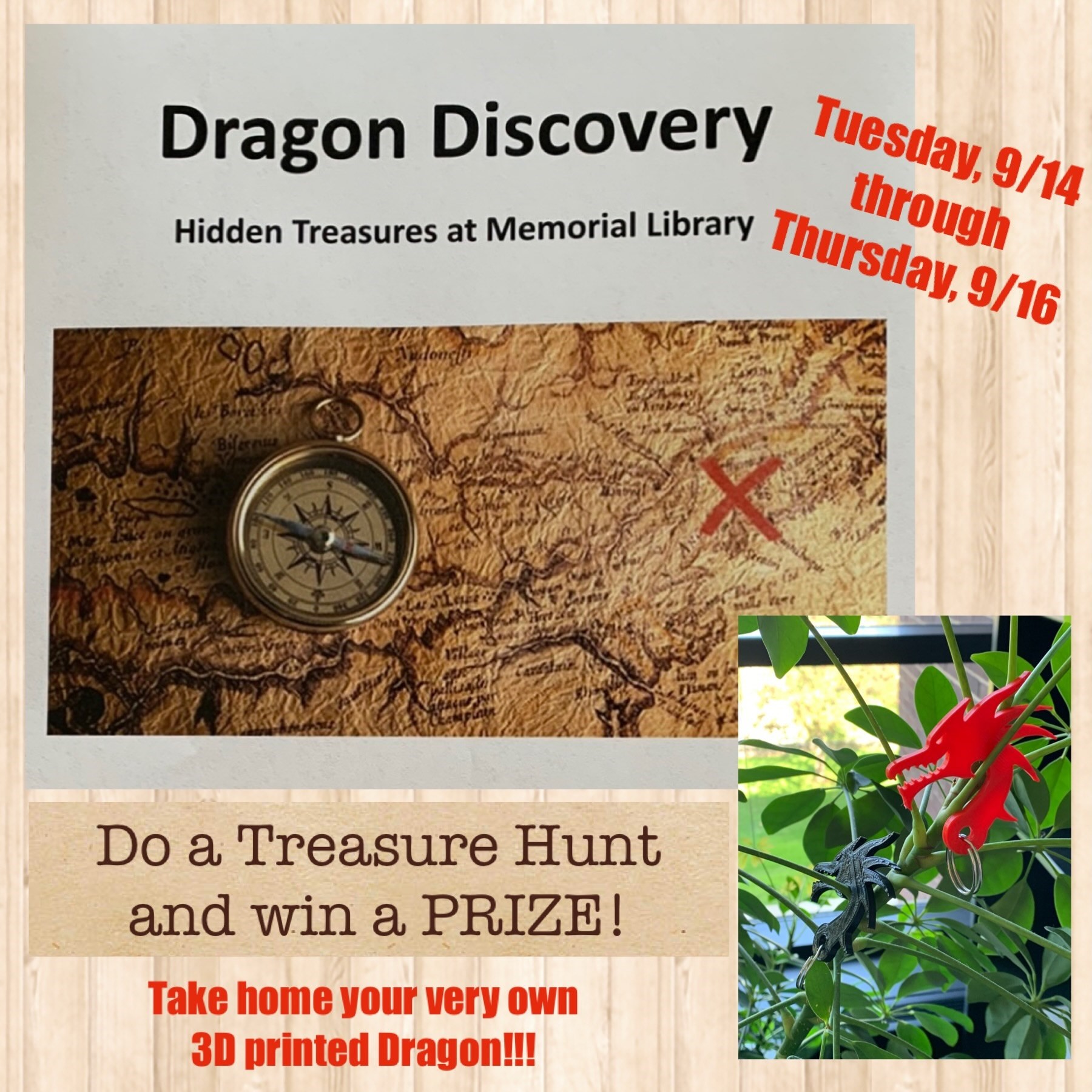 Image advertising the Library’s Dragon Discovery Treasure Hunt: 9/14-9:16. Win a 3D printed dragon