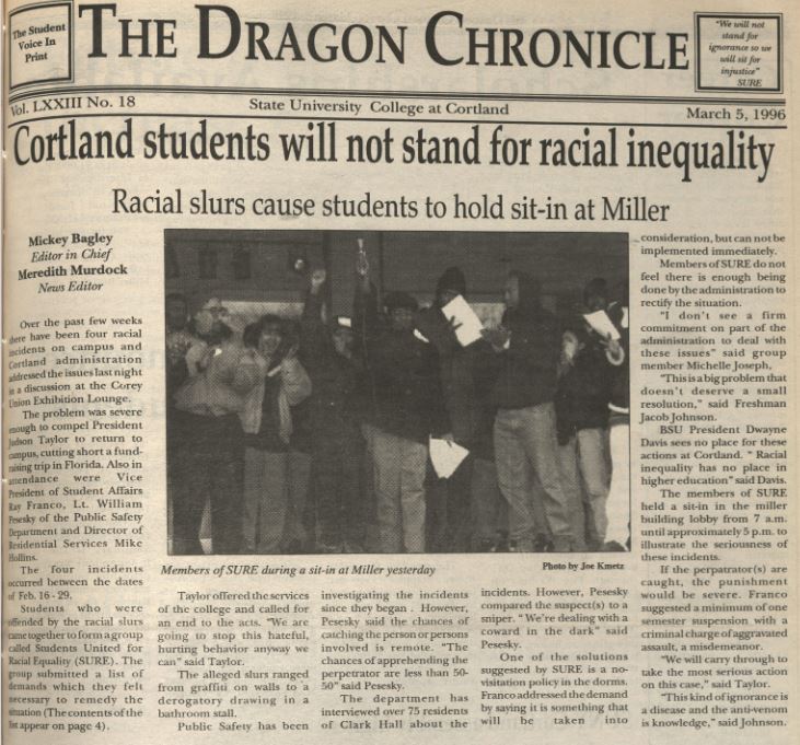 Front page of the The Dragon Chronicle March 5, 1996