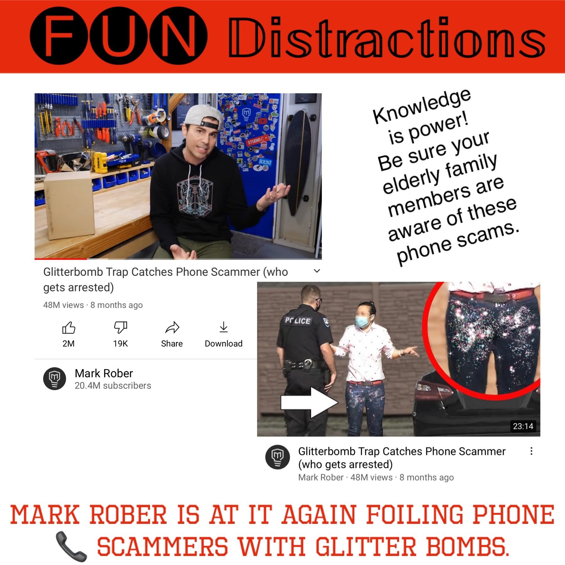 Image advertising the Library’s FUN Distractions series post about Mark Rober foiling phone scammers