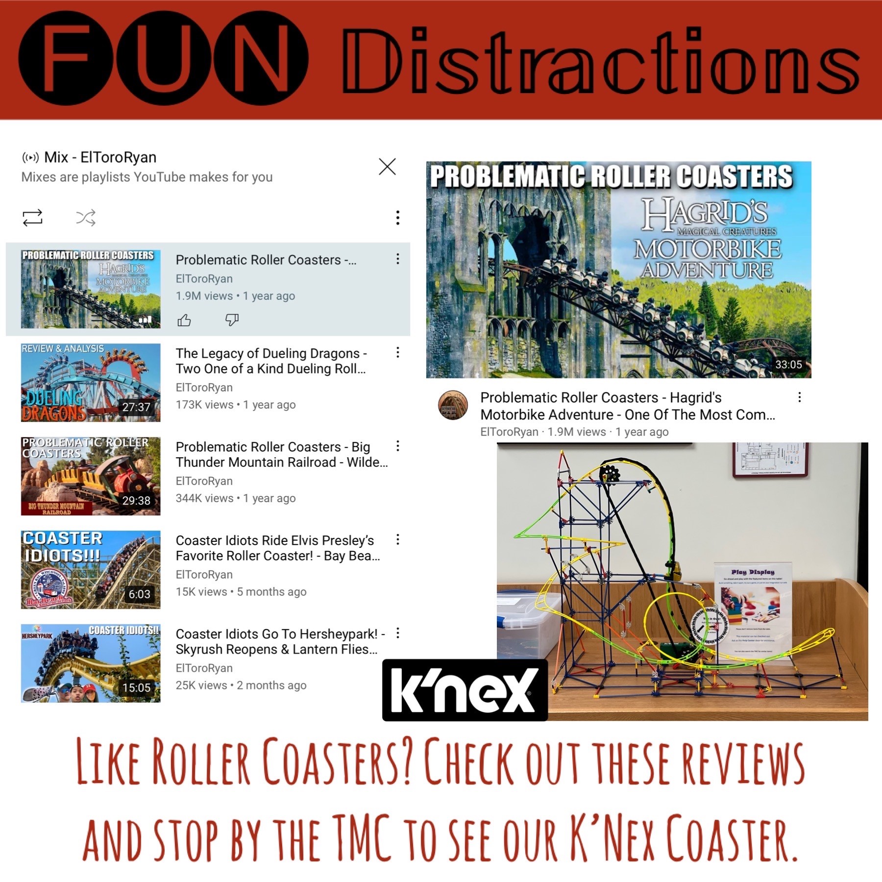 : Image advertising the Library's FUN Distractions series post on Roller Coasters