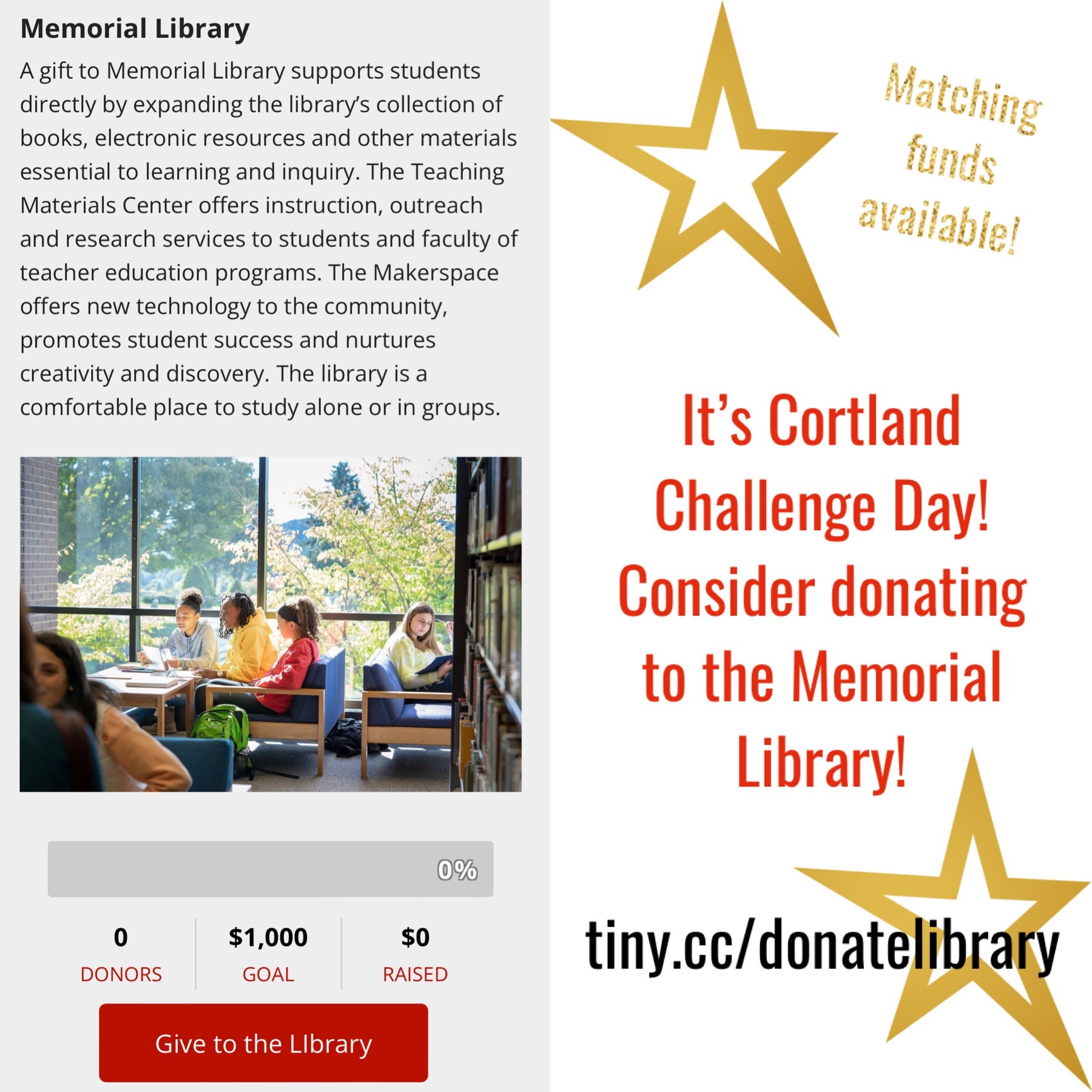 Cortland Challenge - donate to Memorial Library