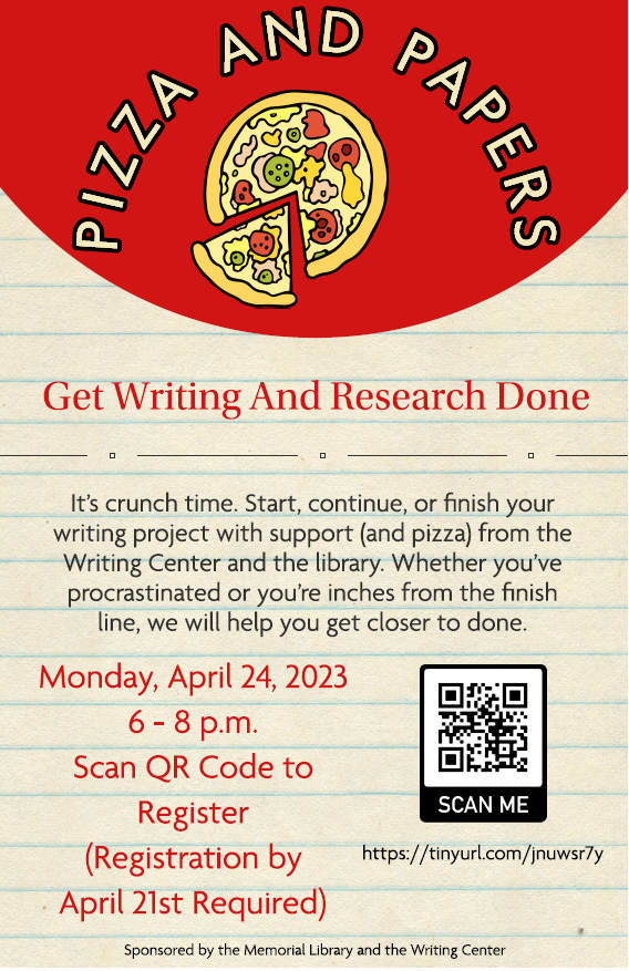 Pizza & Papers: Get Writing and Research Done, Monday, April 24, 2003, 6-8PM, register at https://tinyurl.com/jnuwsr7y