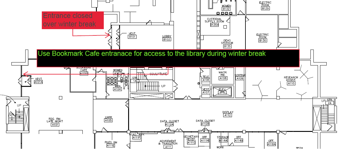 Map showing Memorial Library Entrance close & alternate entrance