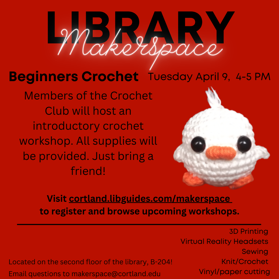 Take a Make Break in the library! Learn how to crochet with the Crochet Club Tuesday April 9 from 4-5 PM. Register at https://forms.office.com/r/dfwEFfifMk

