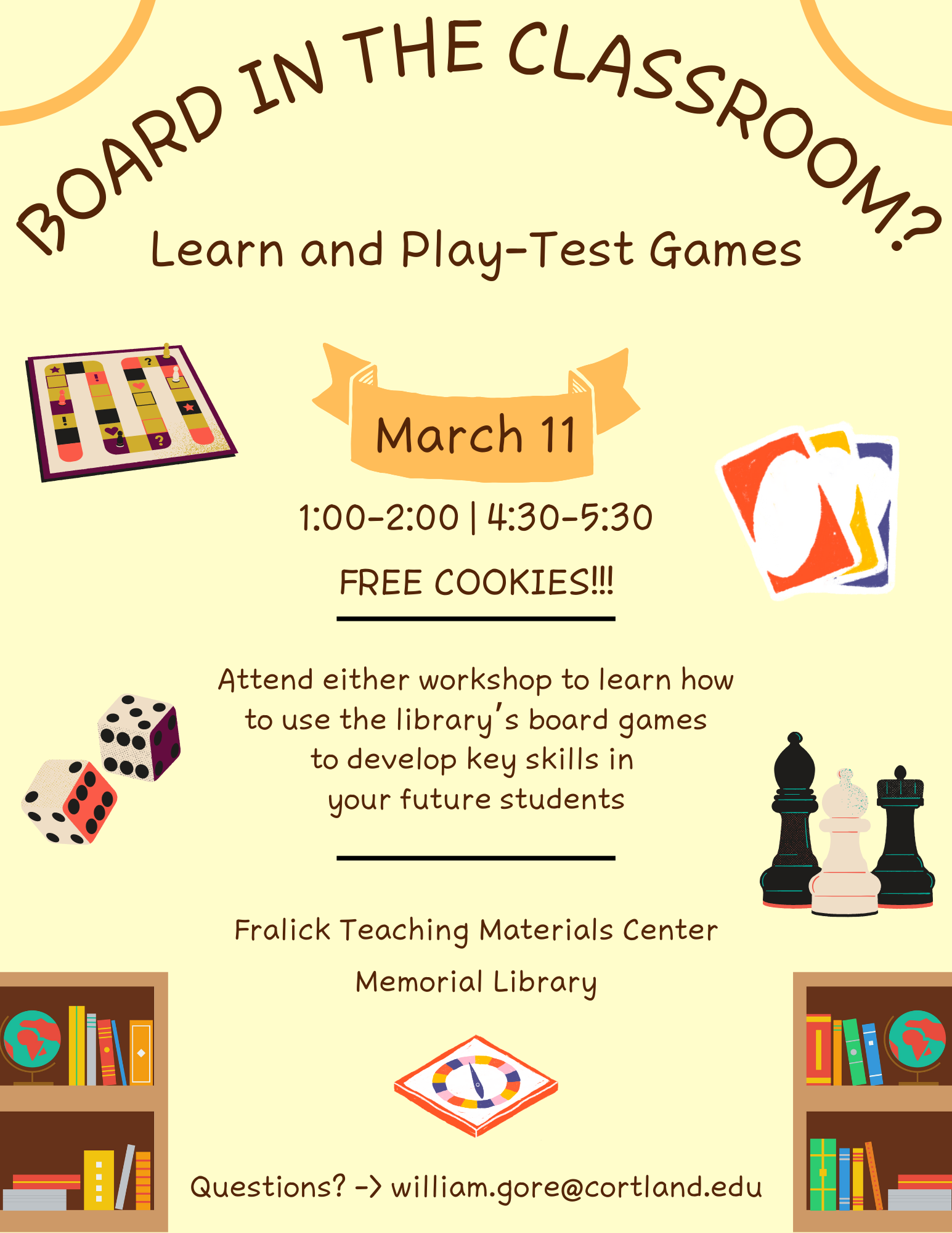 Play-test the library's board game collection and learn how to use games in your future classrooms in Memorial Library's Fralick Teaching Materials Center. You can attend either workshop on Tuesday, March 11th: 1:00-2:00 pm or 4:30-5:30pm. Cookies will be provided!