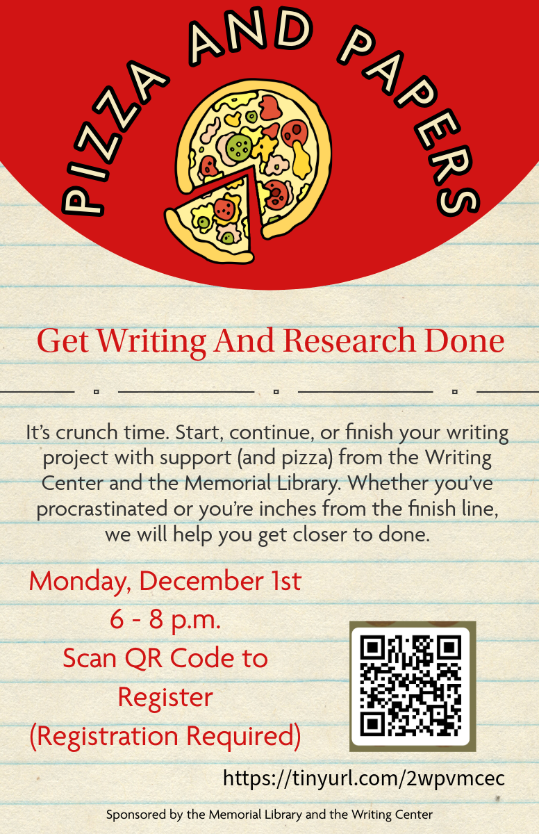 It's crunch time, Star, continue, or finish your writing project with support (and pizza) from the Writing Center and the Memorial Library. Whether you've procrastinated or you're inches from the finish line, we will help you get closer to done.
Monday, December 1st
6-8 p.m.
Register at https://tinyurl.com/2wpvmcec